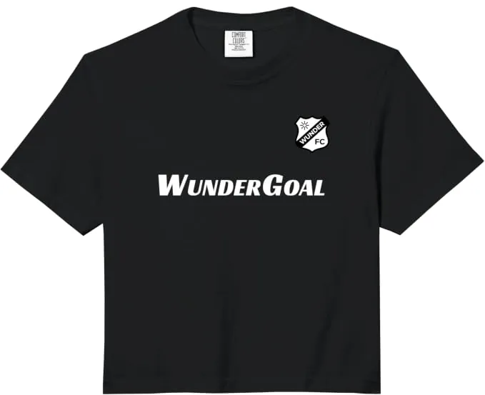 Black WunderFC women's cropped T-shirt with the crest on the chest and the WunderGoal sponsor wordmark across the front