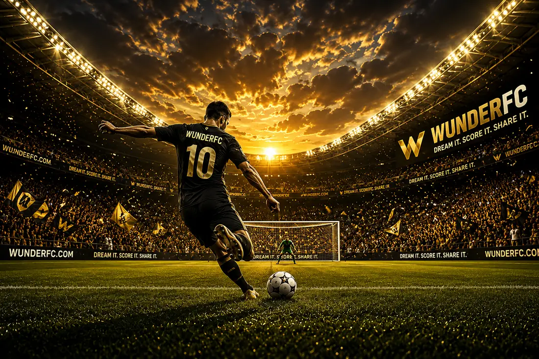 A WunderFC striker in black and gold strikes the ball under stadium floodlights